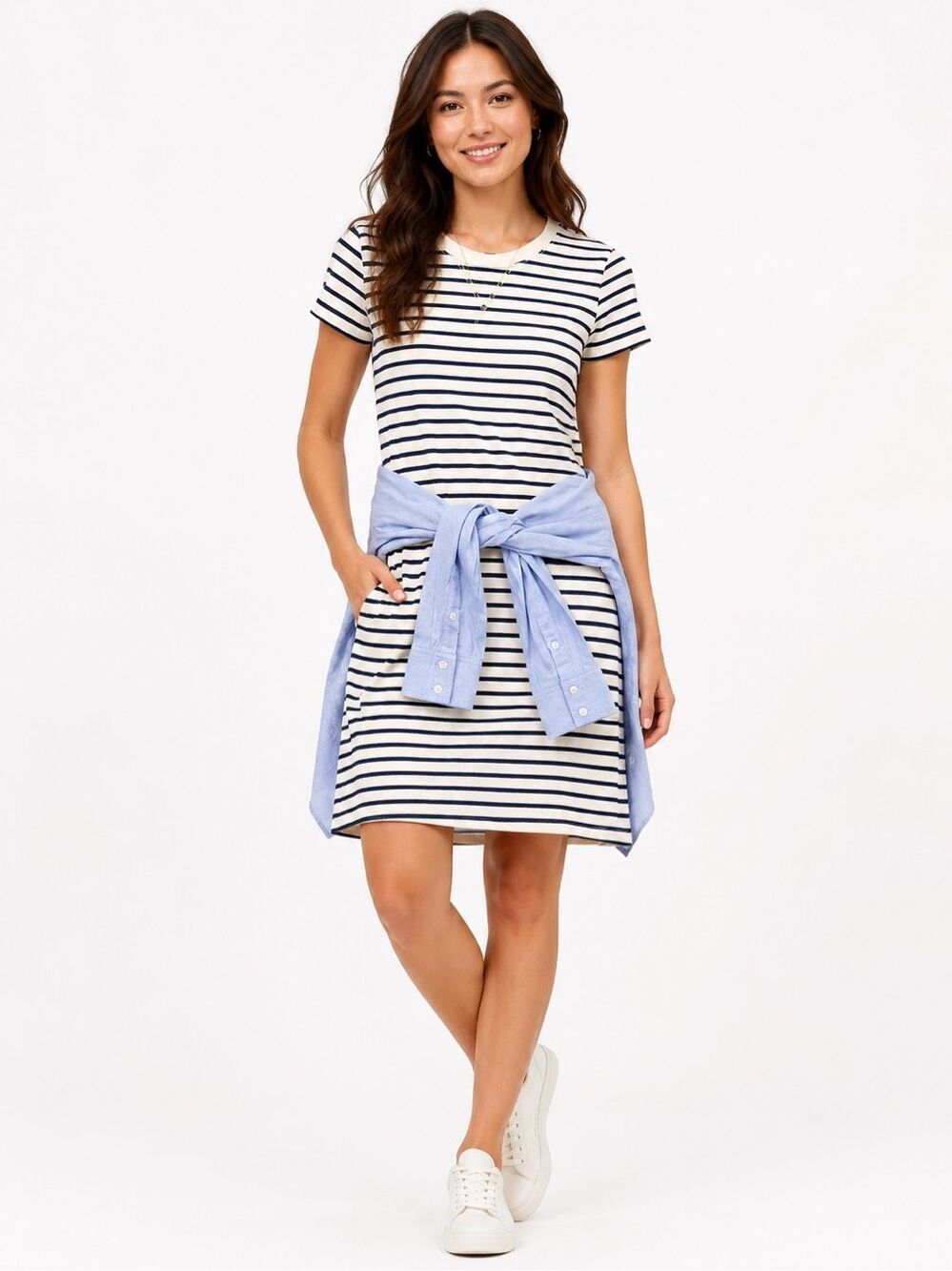 Veronica Beard Jeans Striped Mixed Media Tie Waist Dress Blue Ivory Size S READ